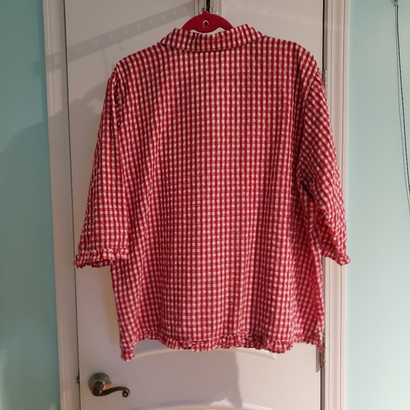 3/4 sleeve Denim & Co red & white check blouse - Picture 2 of 4